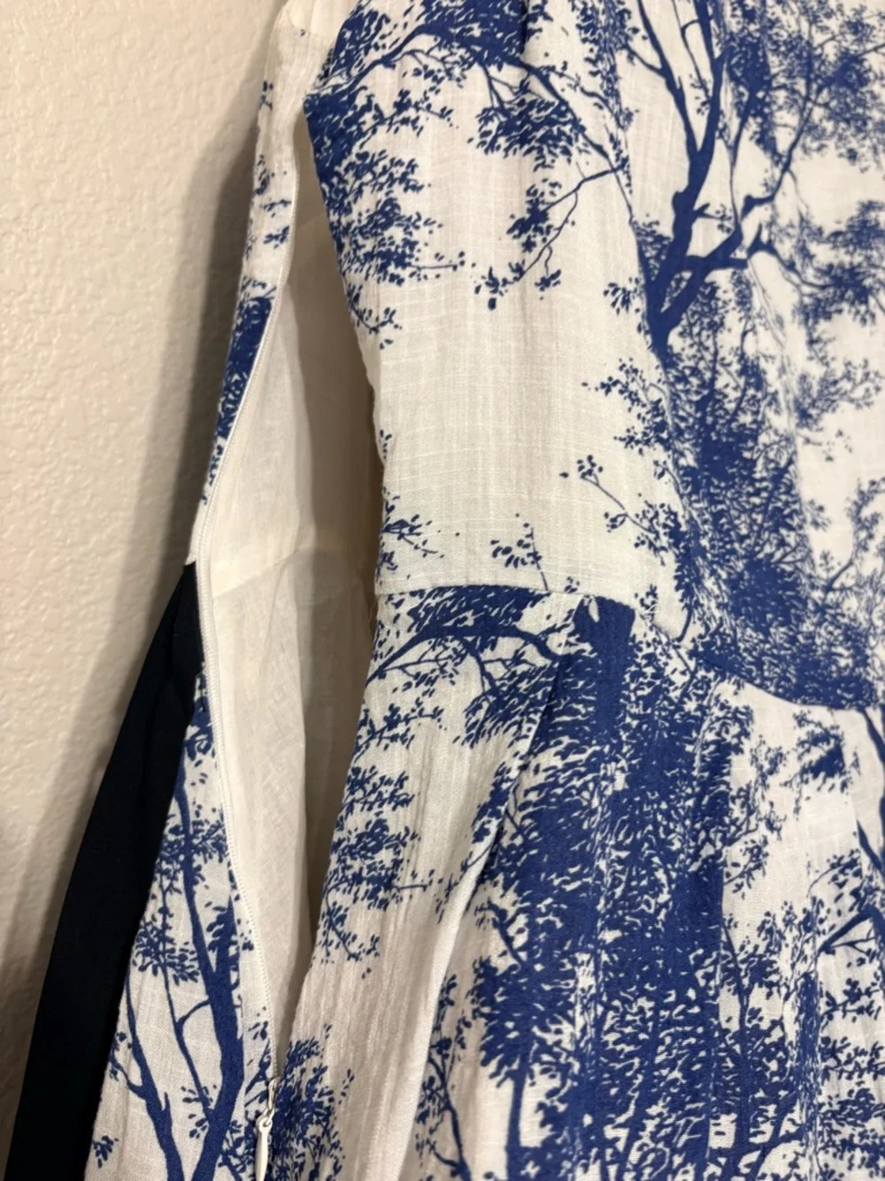 Frock Shop Blue White Toile Tree Print Sleeveless A-line Dress w Black Waist Tie - Picture 10 of 16